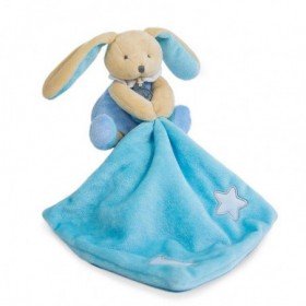 Doudou lapin plat velours bleu beige étoile lune Baby Nat' 28 cm - Babynat