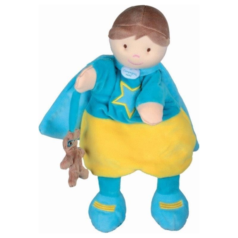 Accueil Doudou et Compagnie Doudou et Compagnie super heros marionnette jaune et bleu DC2354