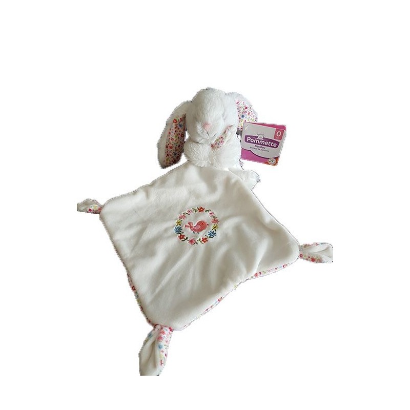 Accueil Pommette Doudou Pommette Lapin Blanc mouchoir blanc oreilles fleurs Pantin -